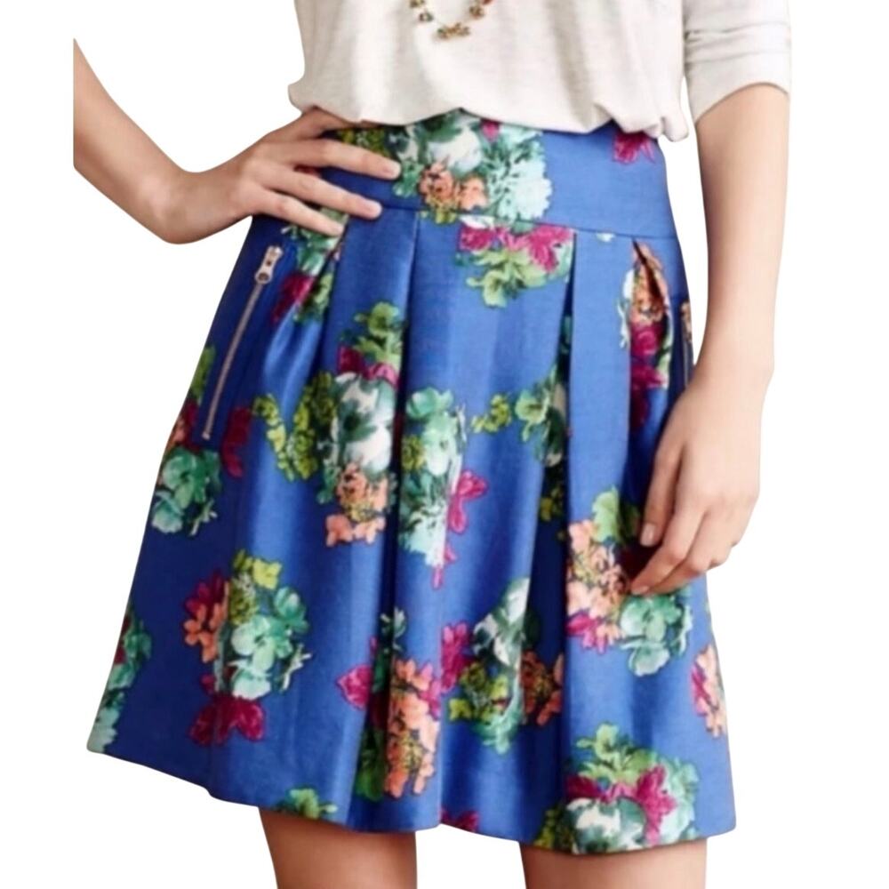 Anthropologie Maeve Silk mini Skirt Blue floral 4 Garden Days fairy